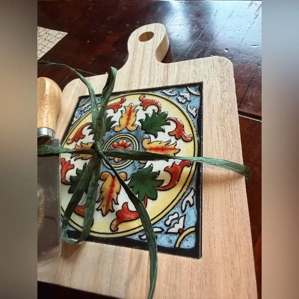 Decorative Wooden Cheese Board with Knife New